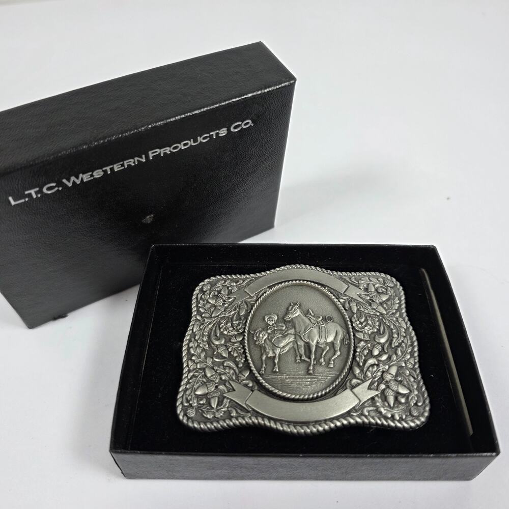 Western Belt Buckle Roper Silver Tone Engraving ready Western Prod Co. 1974